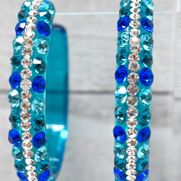 2.5" Clear Teal Lucite Blue Tones Rhinestone Hoops - Picture 2 of 10